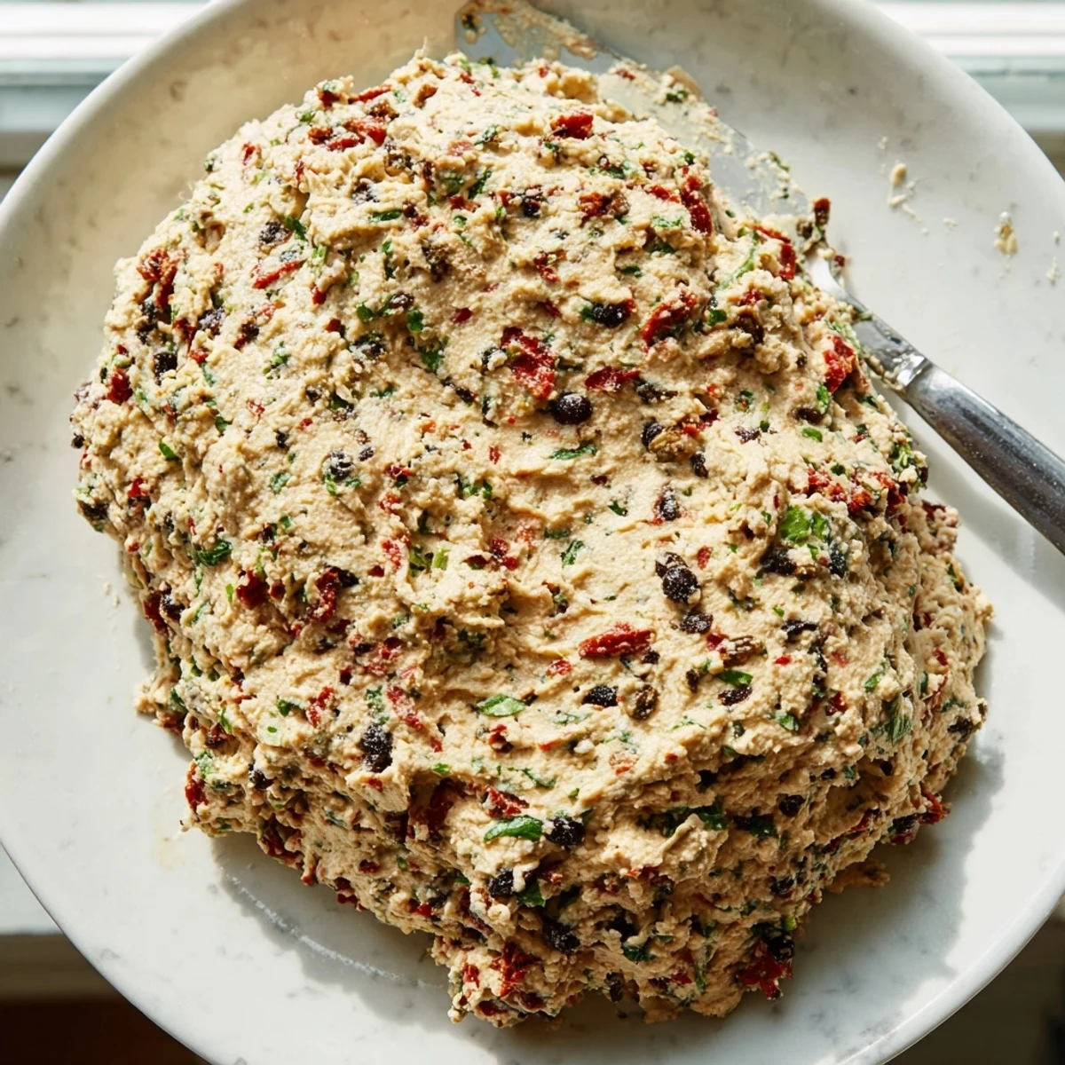 A rustic bowl of Italian Style Olive and Cheese Spread beside toasted baguette slices