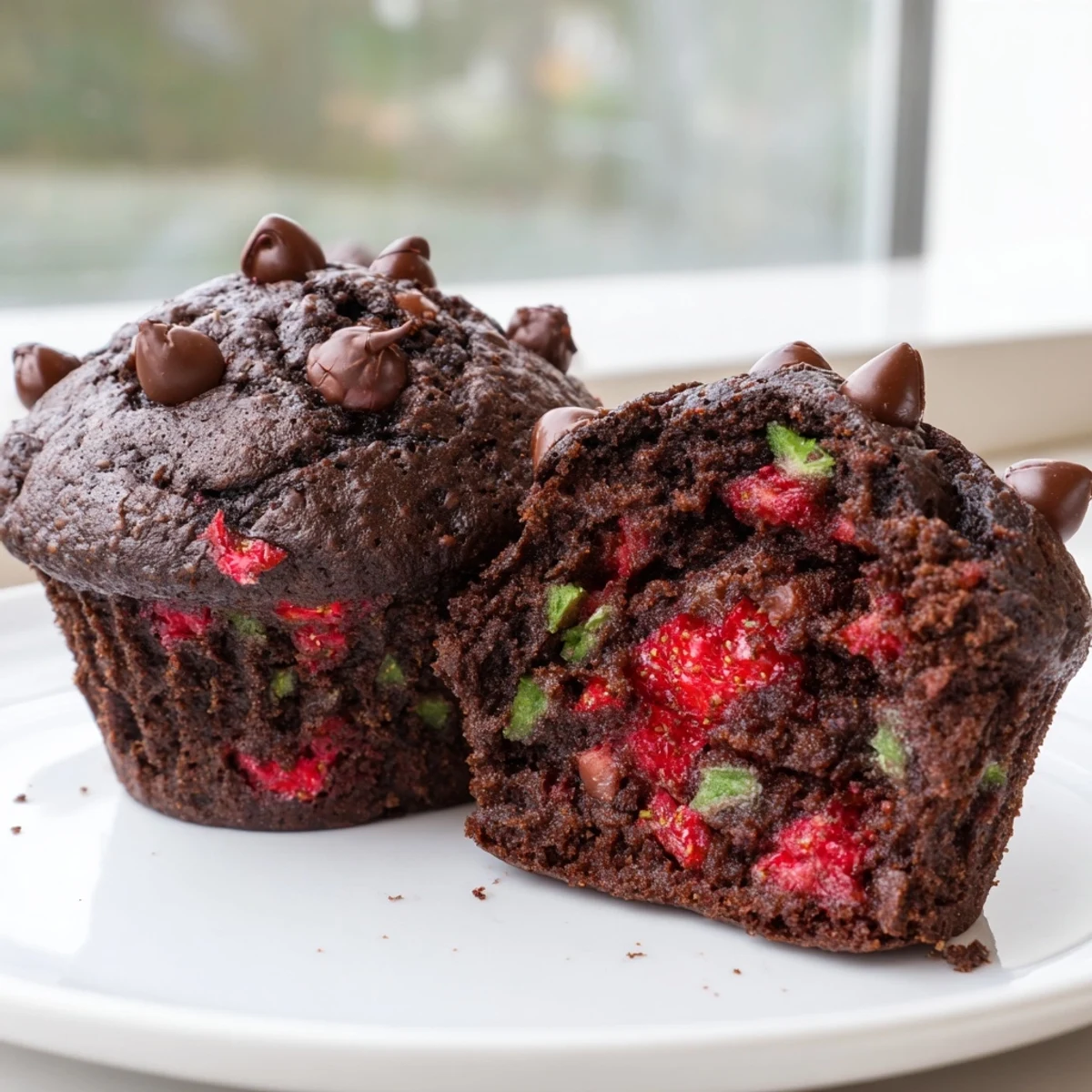 Chocolate Zucchini Strawberry Muffins topped with melty chips on a wire cooling rack