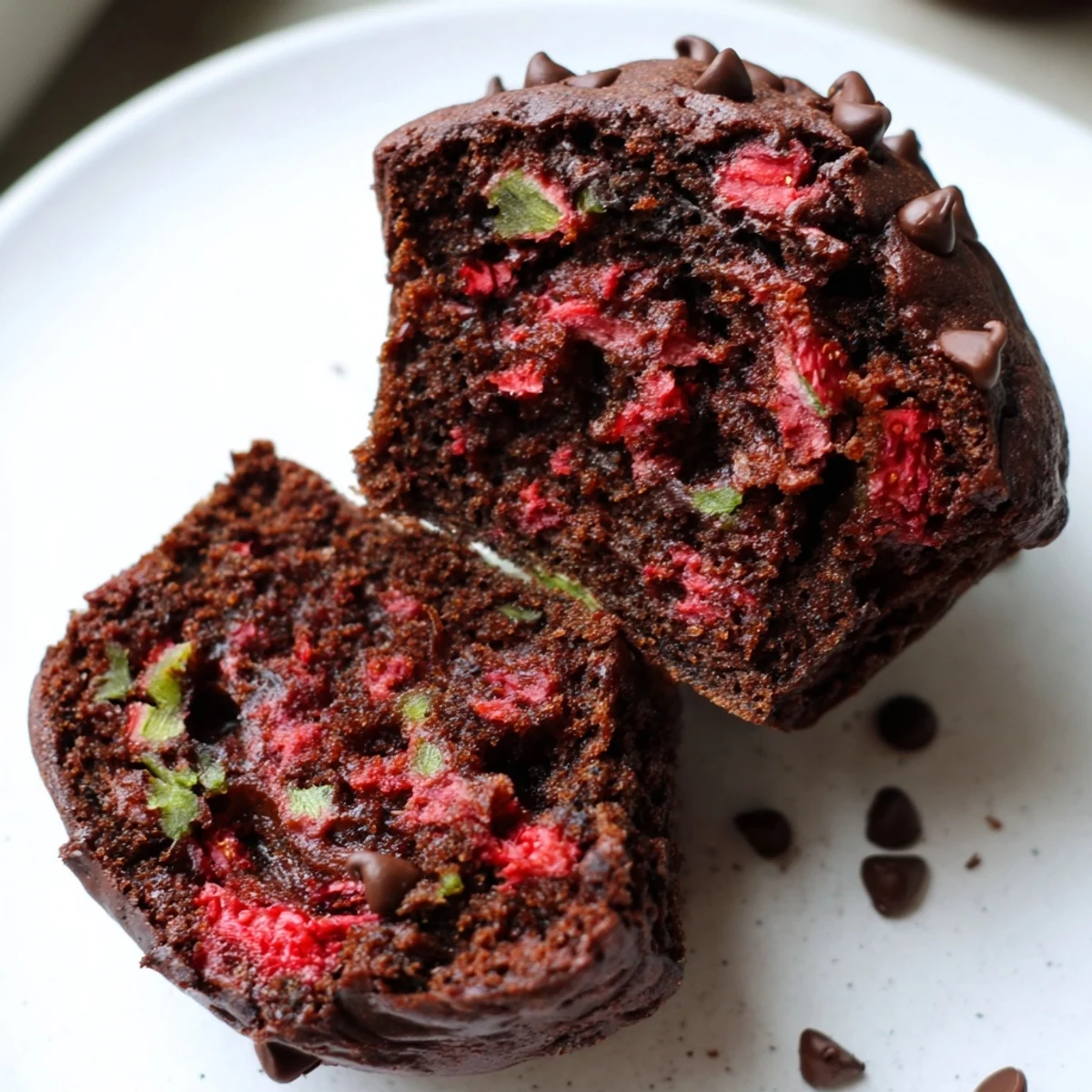 Moist Chocolate Zucchini Strawberry Muffins studded with bright strawberry pieces and rich cocoa crumbs