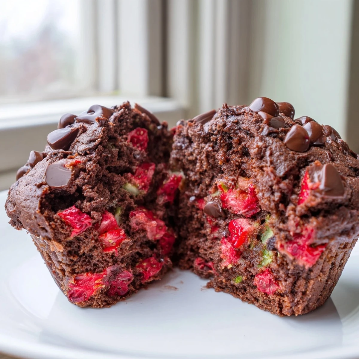 Golden-topped Chocolate Zucchini Strawberry Muffins arranged on a rustic linen-lined baking sheet