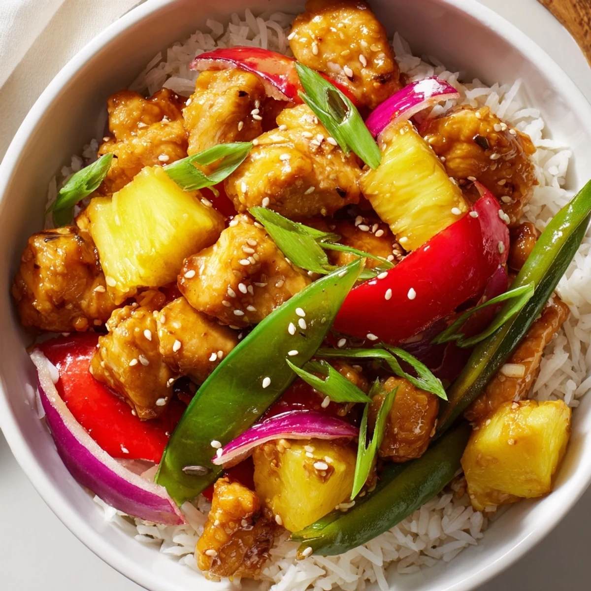 Golden pineapple chicken rice bowl topped with crisp peppers and toasted sesame seeds