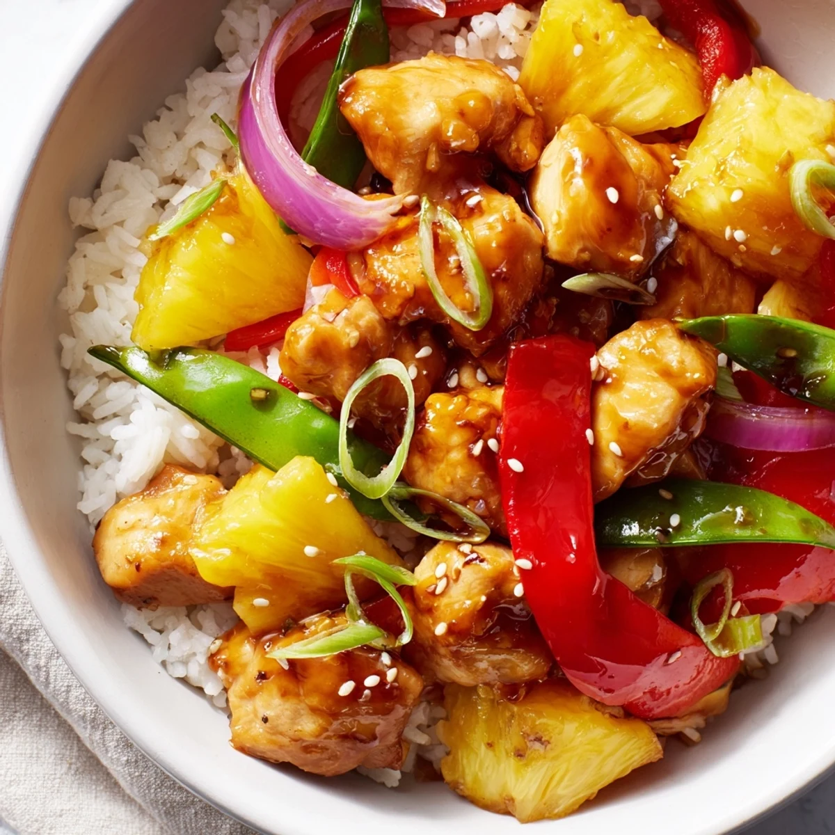 Steaming pineapple chicken rice bowl drizzled with glossy savory-sweet sauce and spring onions
