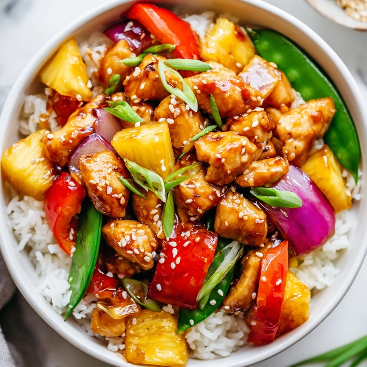 Colorful pineapple chicken rice bowl served in a white dish with juicy tropical chunks