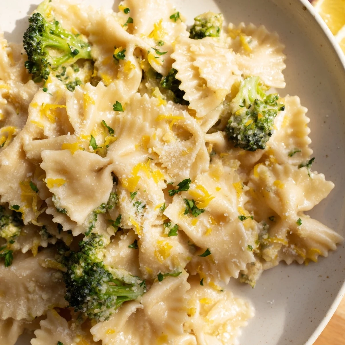 Steaming plate of mafaldine pasta limone broccoli topped with grated parmesan and bright lemon zest