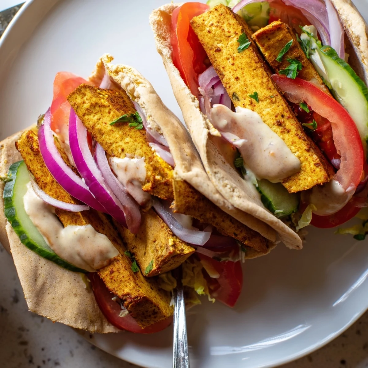 Golden tofu shawarma strips piled in warm pita with crisp cucumber and tomato