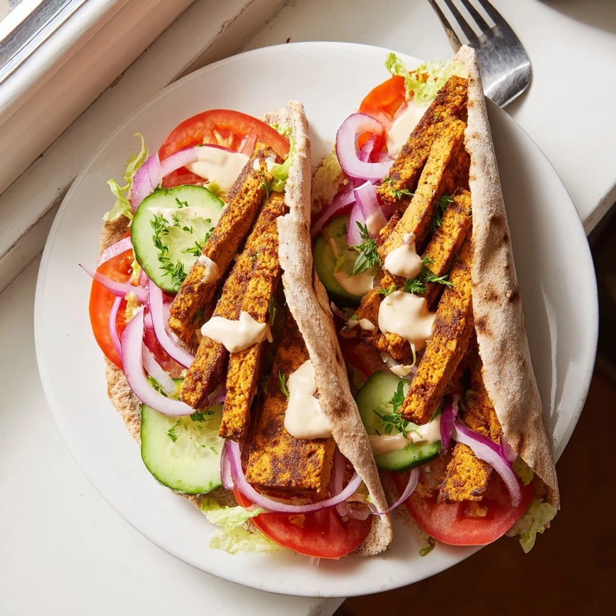 Spiced tofu shawarma nestled in soft flatbread, drizzled with creamy tahini sauce