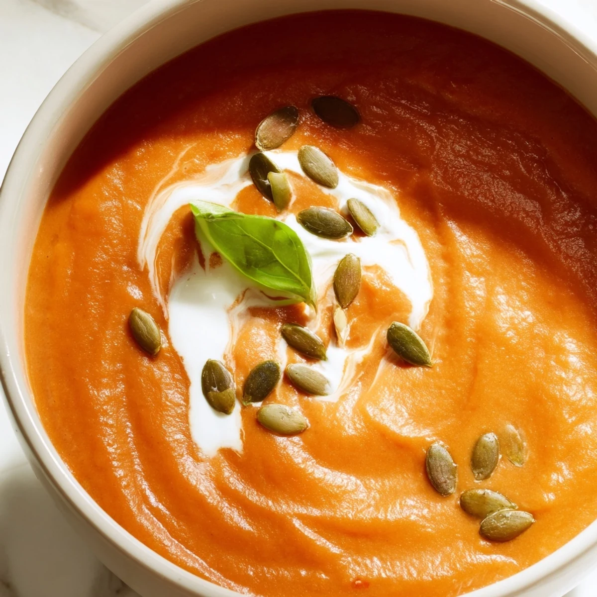 Creamy high protein tomato soup topped with fresh basil and a yogurt swirl