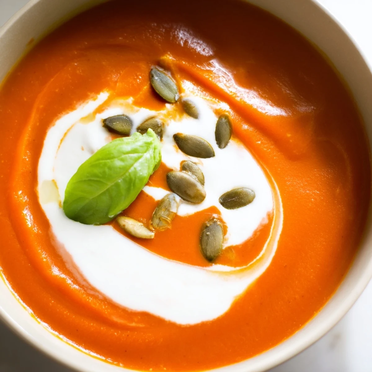 Rich high protein tomato soup garnished with pumpkin seeds in a white ceramic bowl
