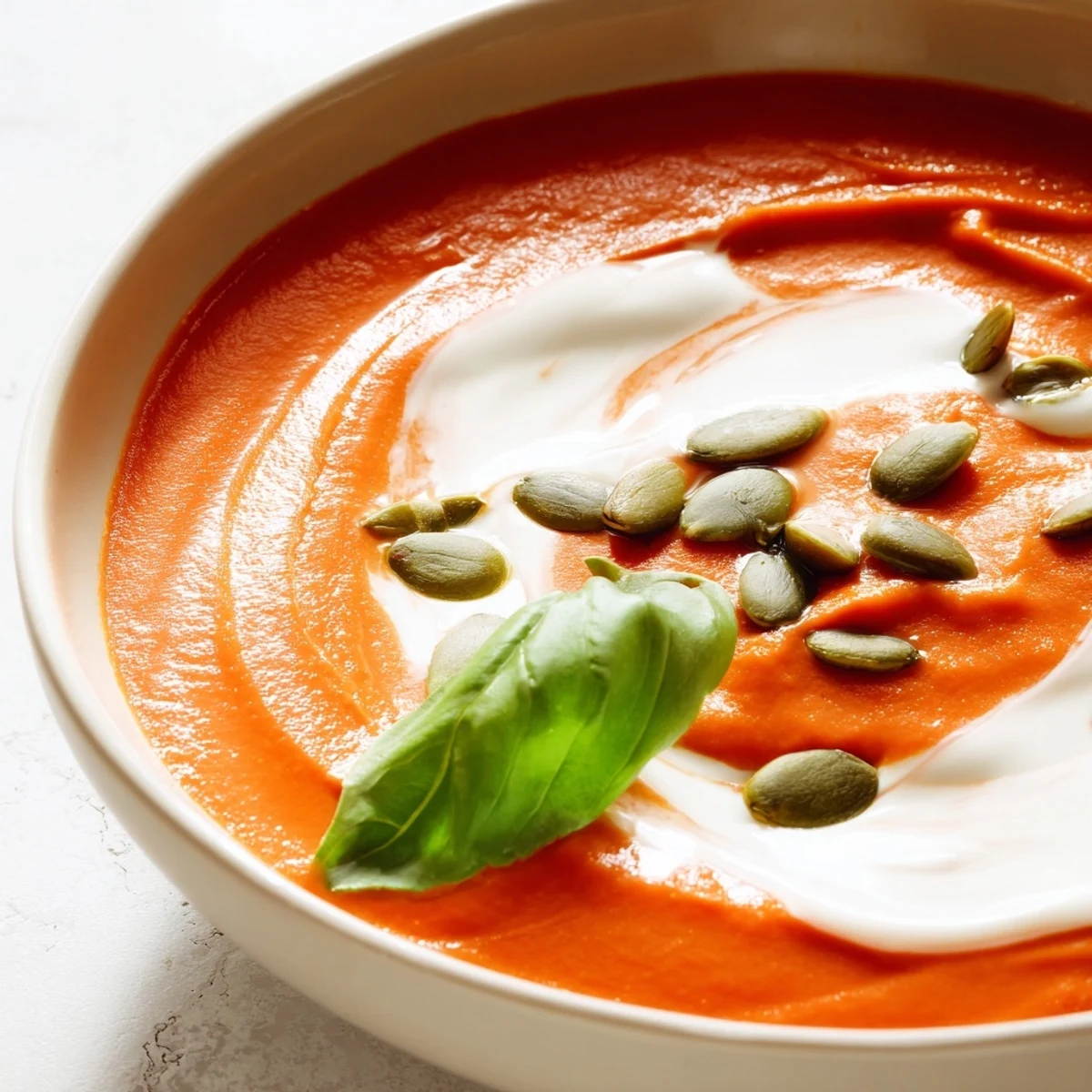 Velvety high protein tomato soup served in a rustic bowl with crusty bread