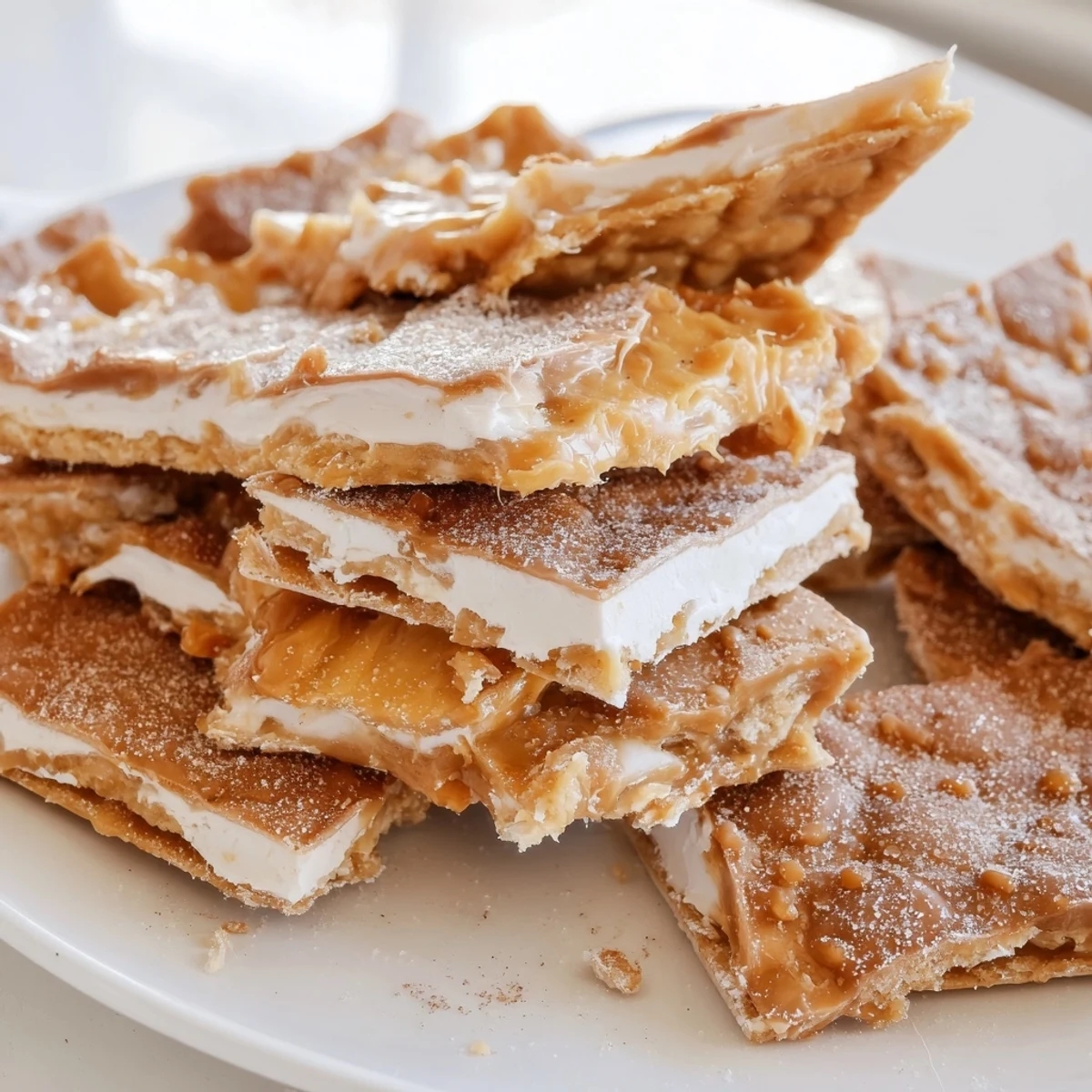Golden churro saltine white toffee topped with cinnamon sugar on a baking sheet