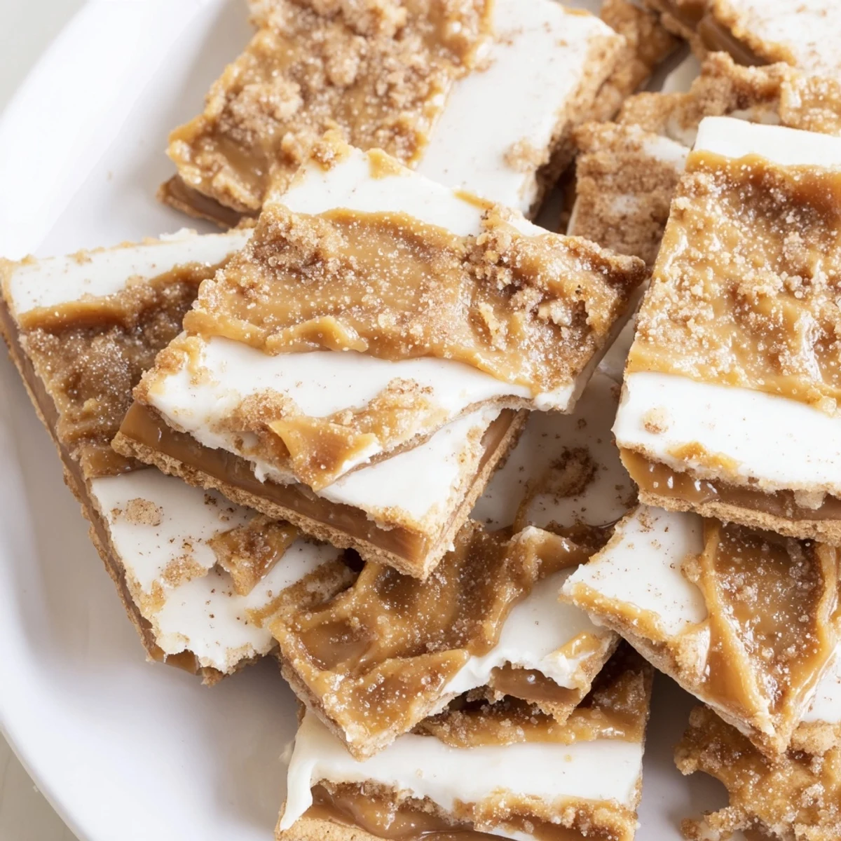 Churro saltine white toffee pieces dusted with cinnamon arranged on a rustic plate