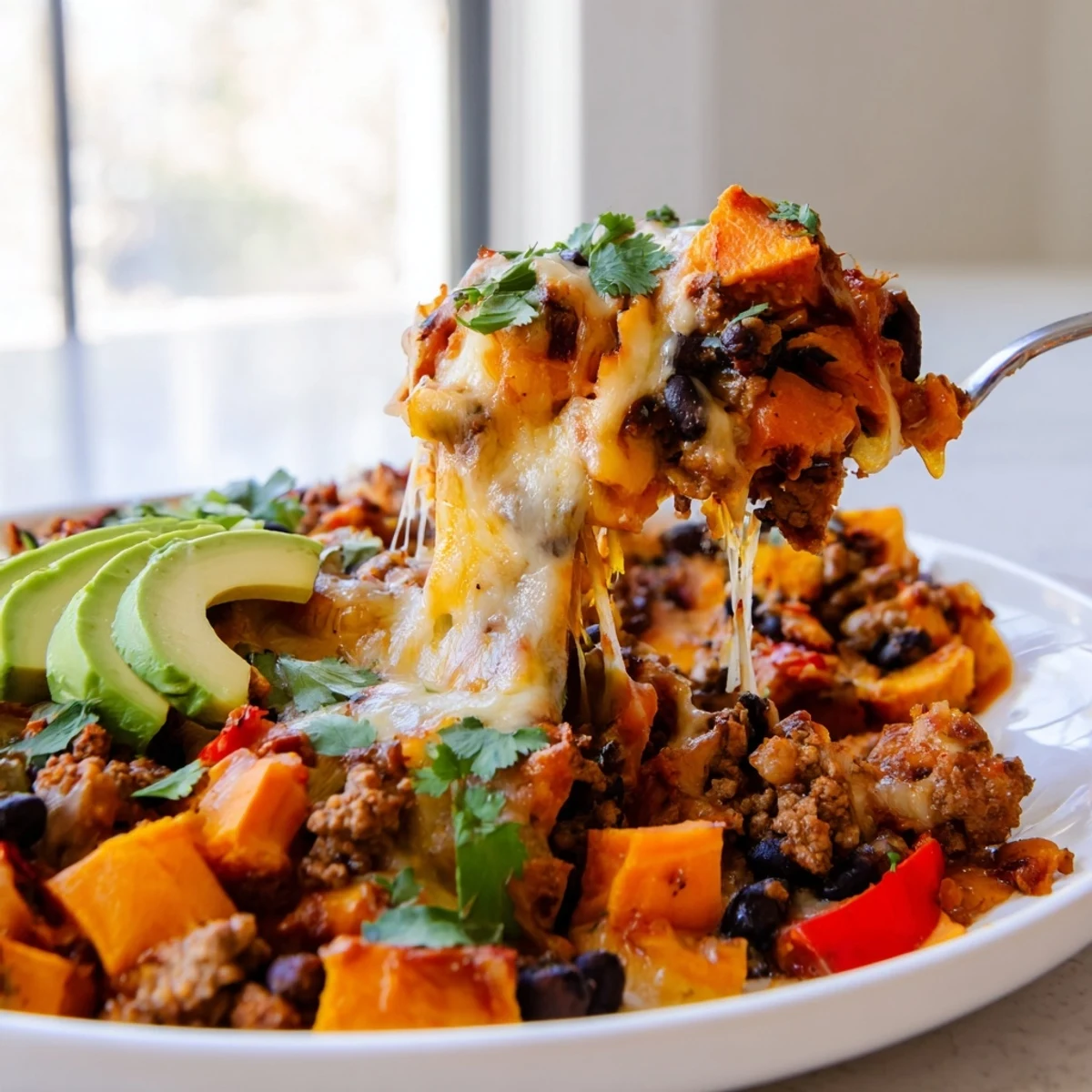 Sweet Potato Turkey Black Bean Bake with melted cheese and fresh cilantro garnish