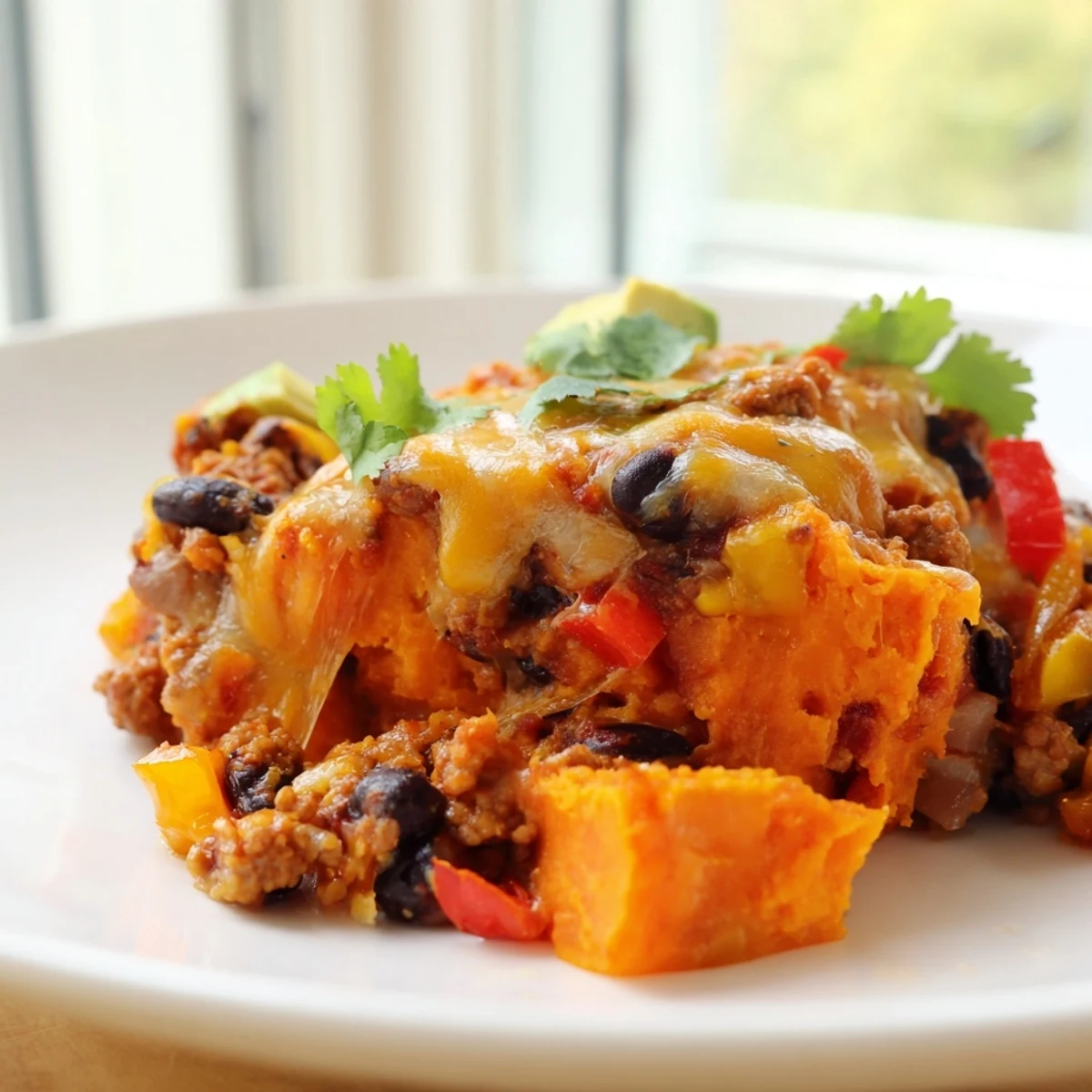 Bubbly melted cheese tops this colorful Sweet Potato Turkey Black Bean Bake casserole
