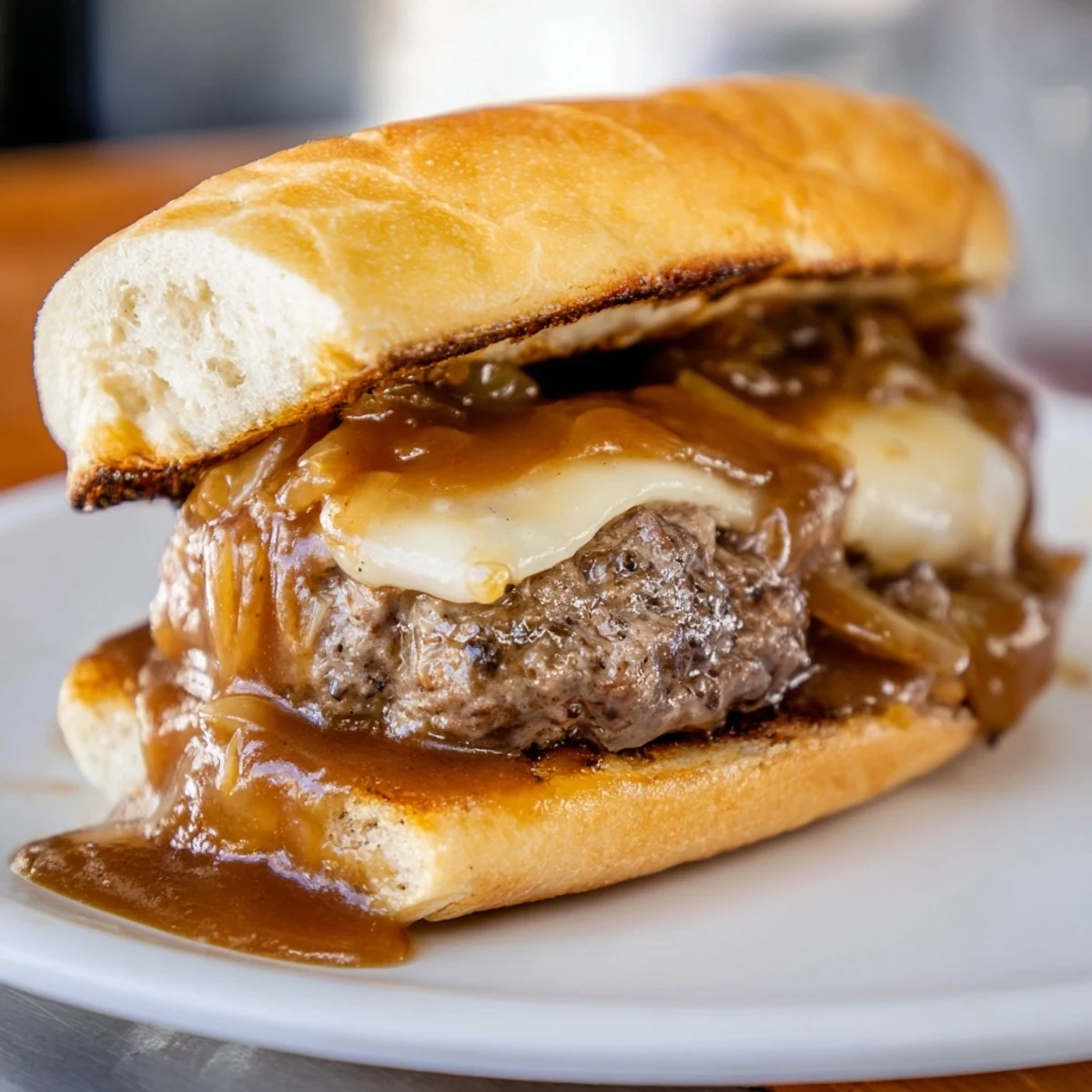 Golden buns cradling tender hamburger steak smothered in rich caramelized onion gravy