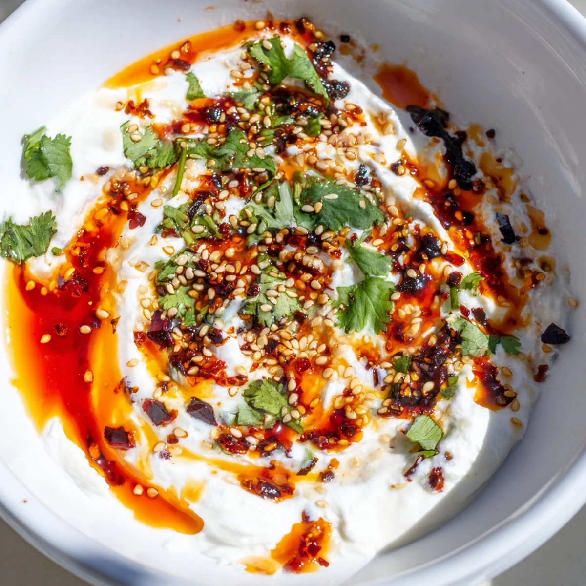 Creamy charred scallion and chili crisp dip swirled with crunchy red oil