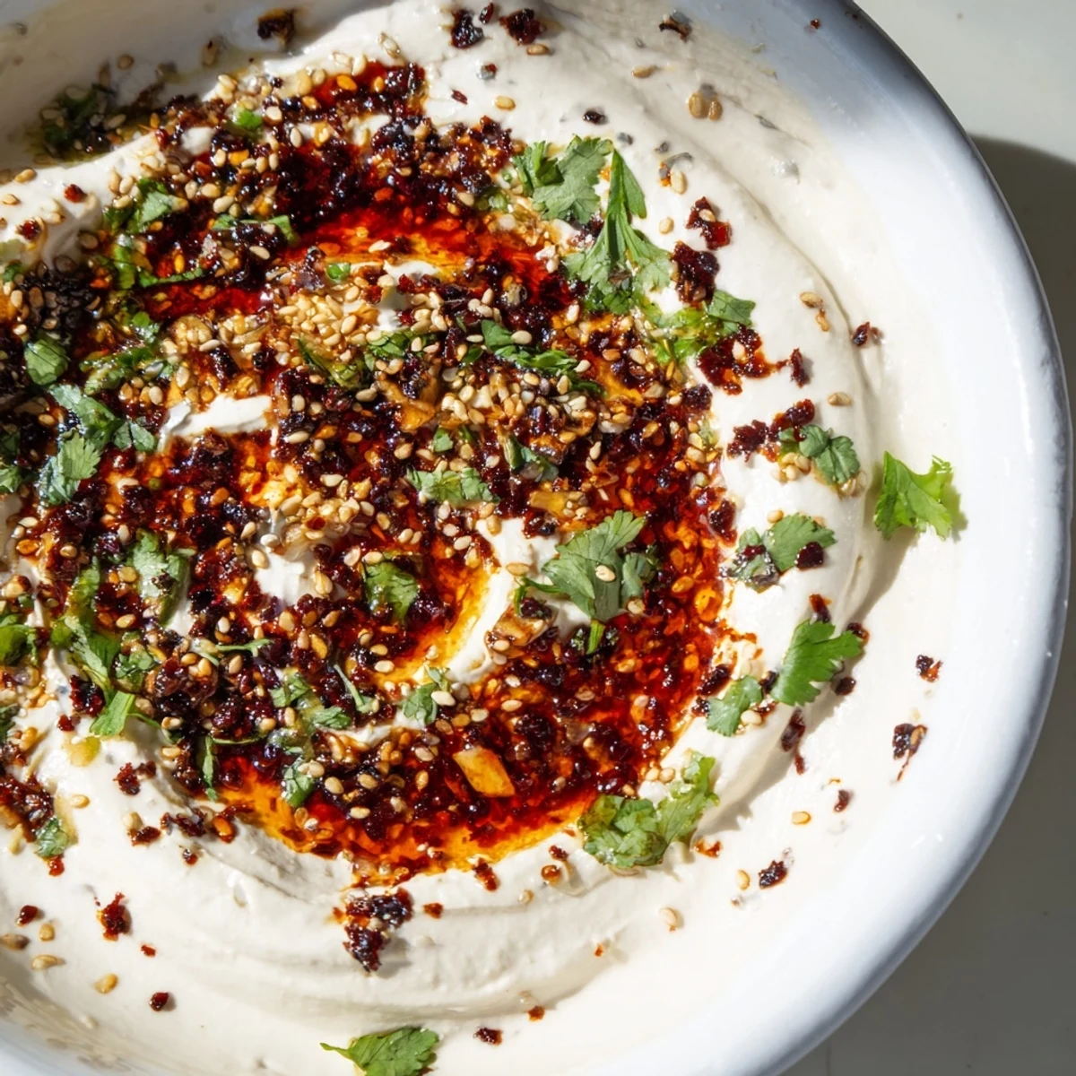 Smoky charred scallion and chili crisp dip served with crisp vegetable sticks