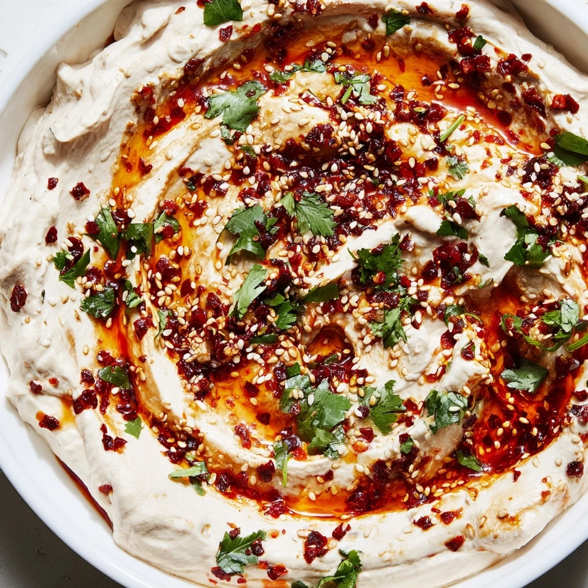 Tangy charred scallion and chili crisp dip topped with sesame seeds and cilantro