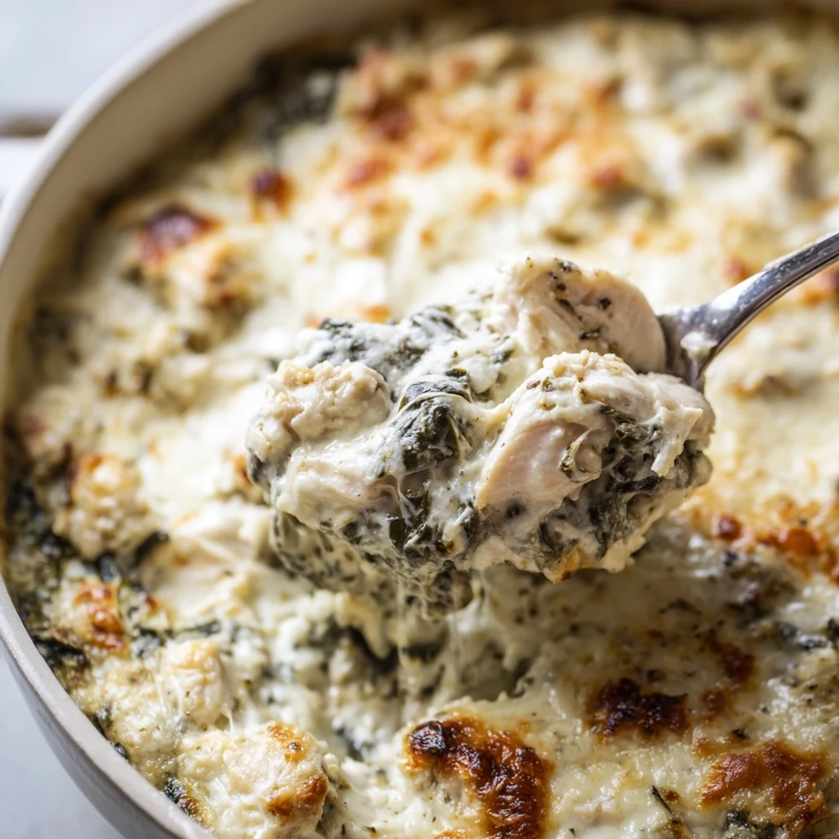 Creamy chicken spinach casserole with bubbling golden cheese in a rustic baking dish
