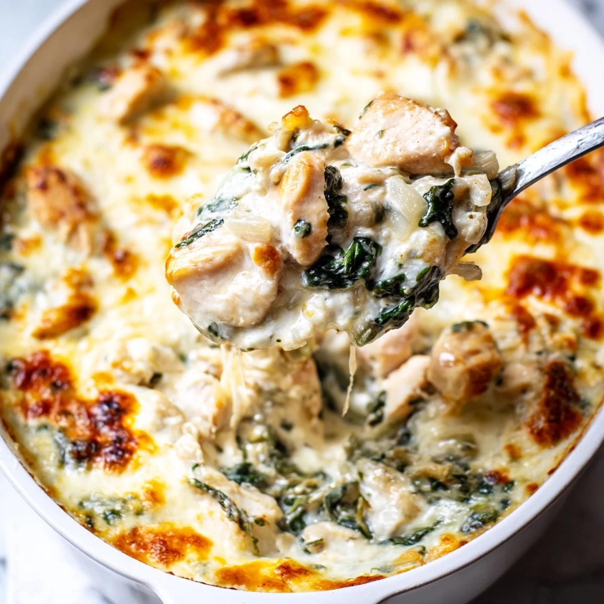 Creamy chicken spinach casserole topped with melted mozzarella and Parmesan straight from the oven