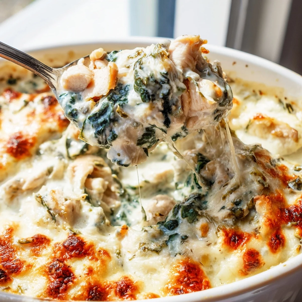 Creamy chicken spinach casserole served steaming on a plate with a crisp green salad