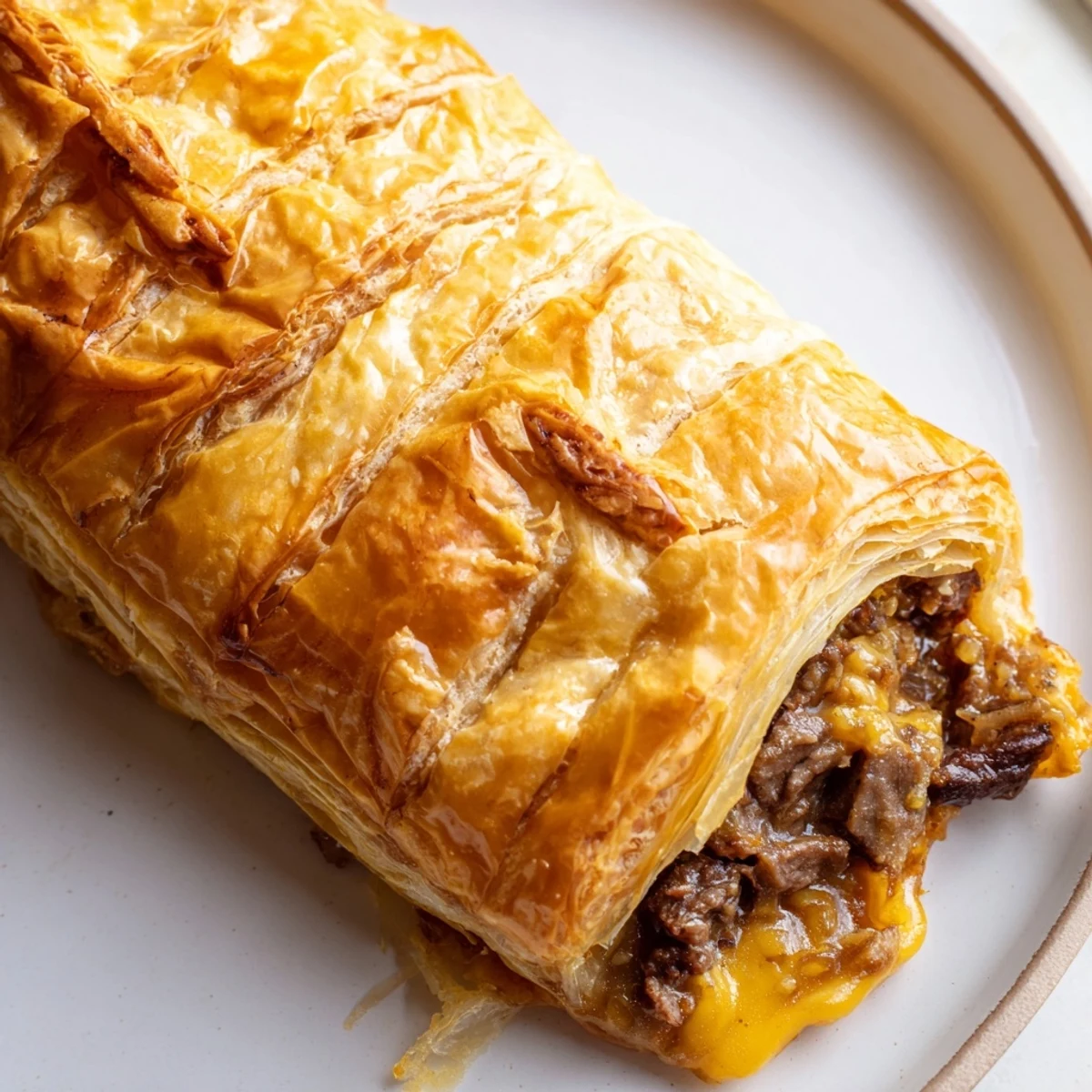 Golden Greggs inspired steak and cheese roll with flaky crust and melted cheddar