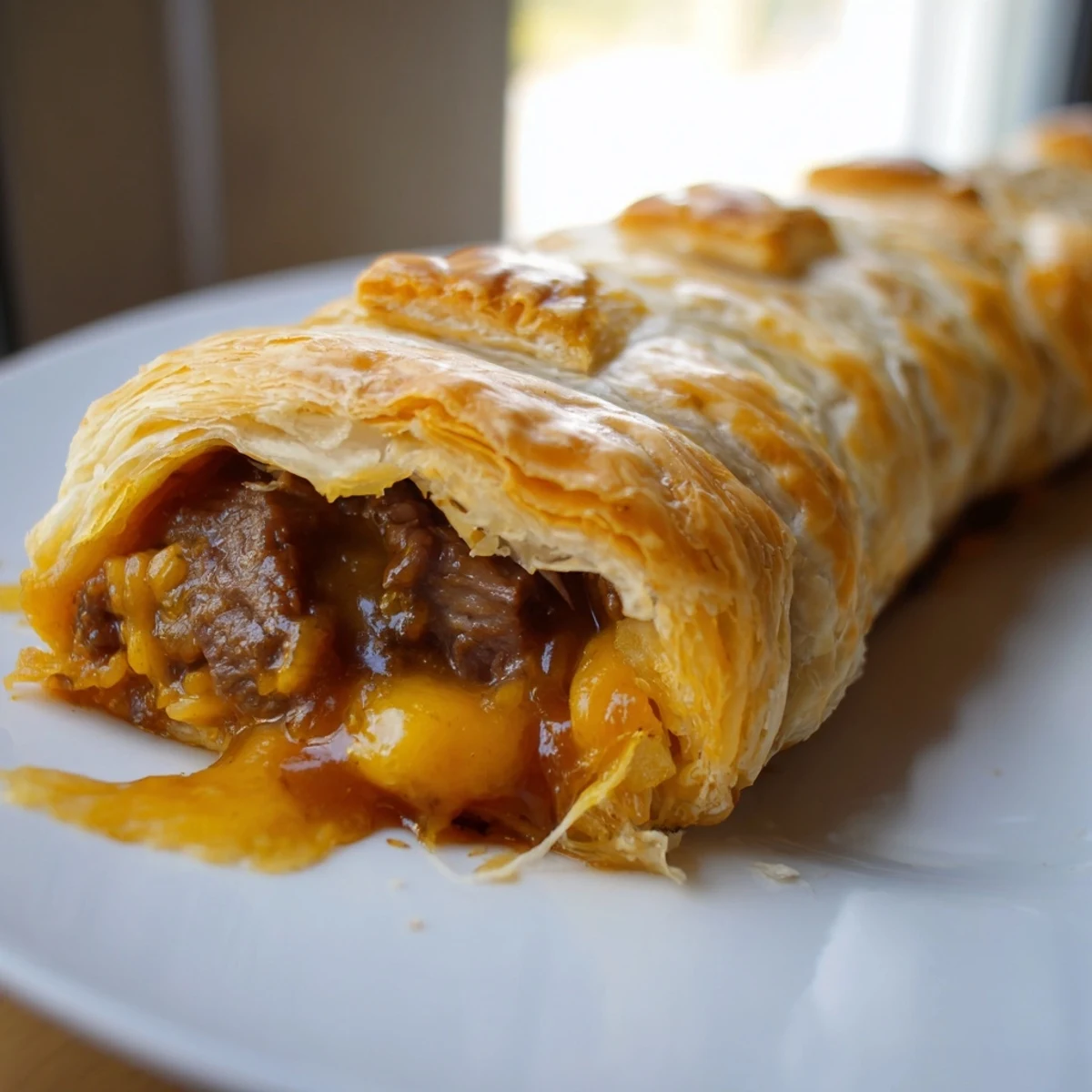 Greggs inspired steak and cheese roll fresh from the oven, crisp and steaming