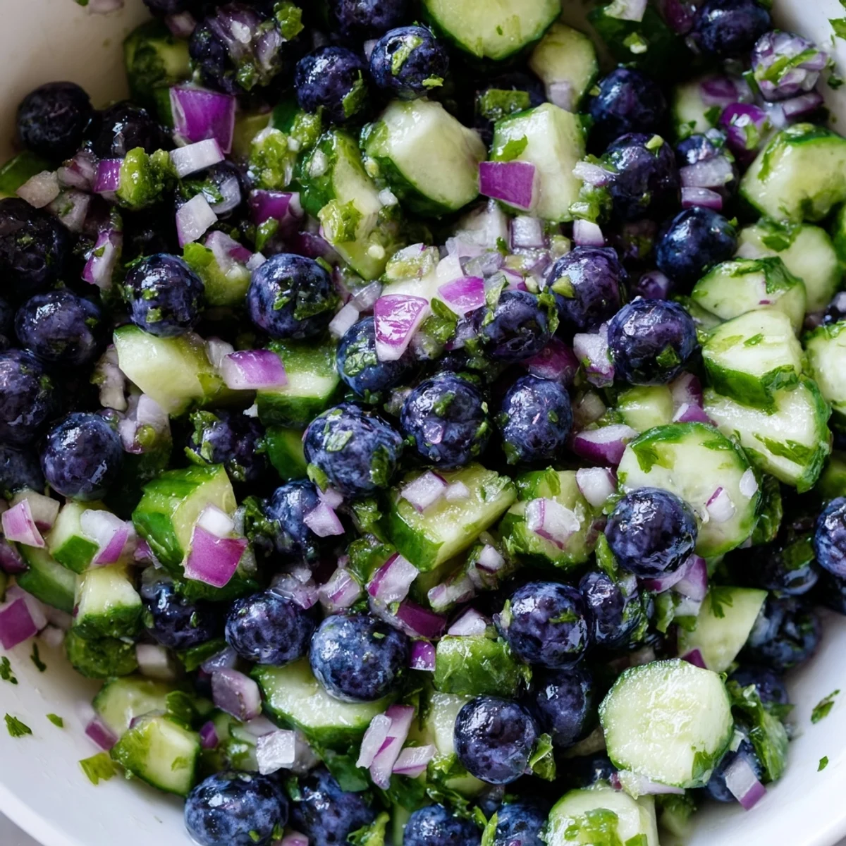 Fresh blueberry cucumber salsa in a bright bowl with cilantro and lime