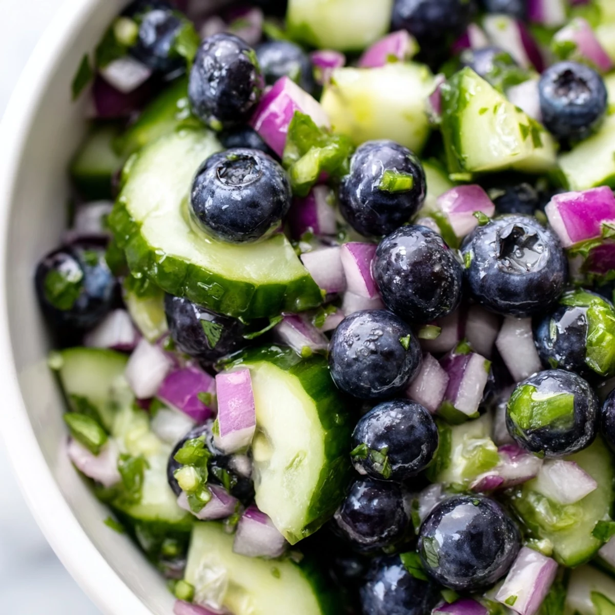 Colorful blueberry cucumber salsa served with crispy tortilla chips for dipping