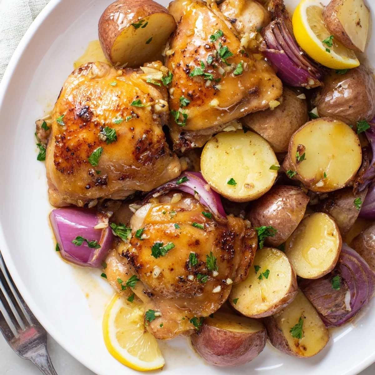 Golden crispy baked honey lemon chicken and potatoes glistening with a sweet tangy glaze
