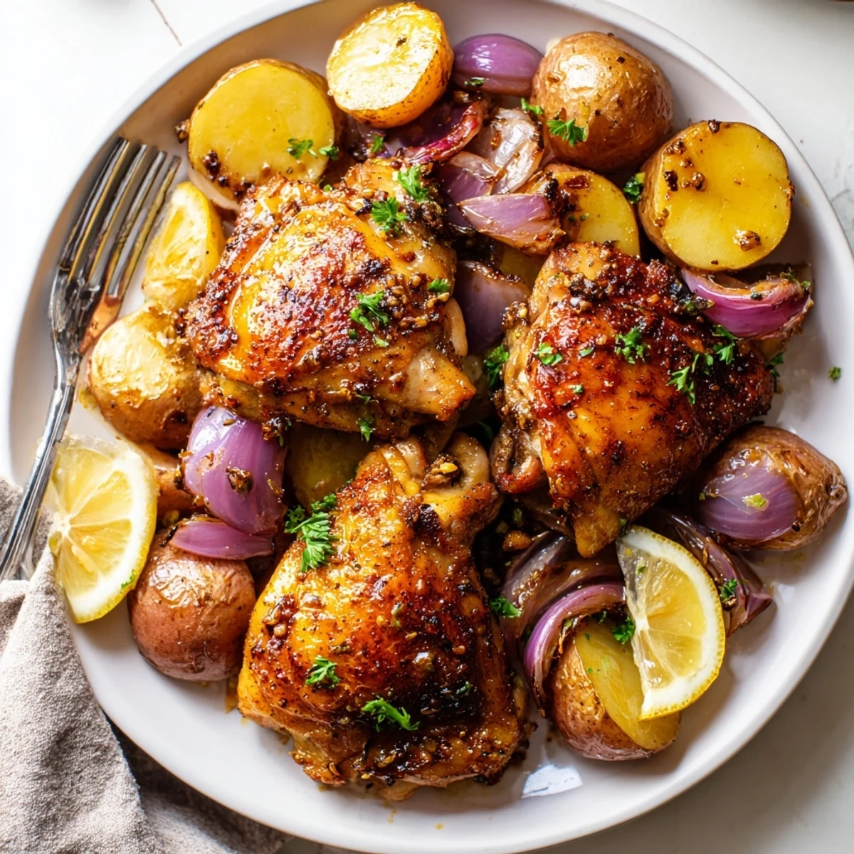 Juicy roasted chicken thighs nestled among caramelized potatoes in a sticky honey lemon sauce