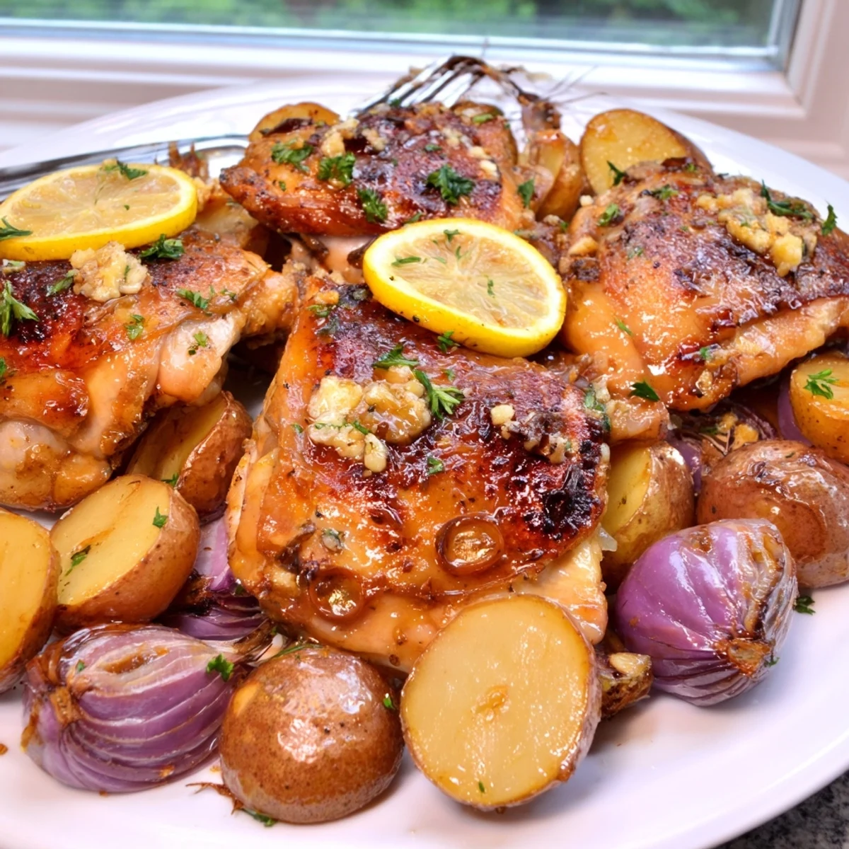 Baked honey lemon chicken and potatoes arranged on a sheet pan with fresh parsley garnish