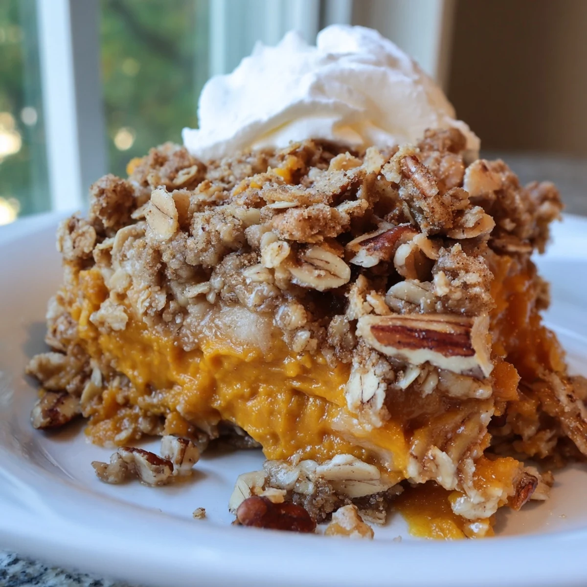 Creamy pumpkin pie crisp with golden oat topping fresh from the oven