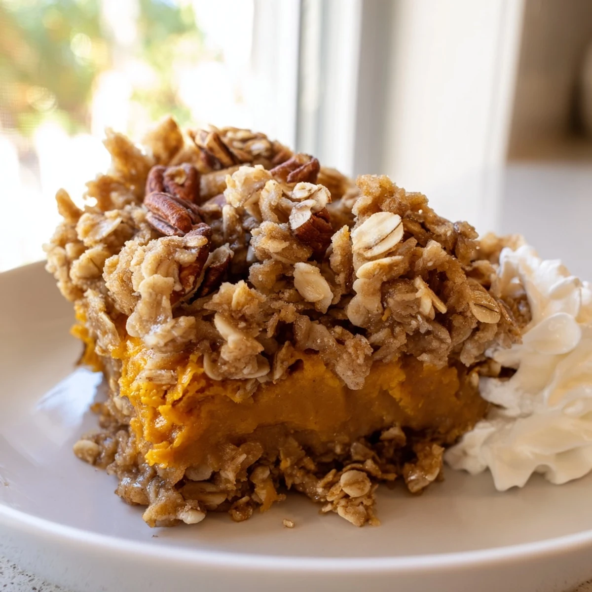 Warm pumpkin pie crisp scooped into bowls topped with vanilla ice cream