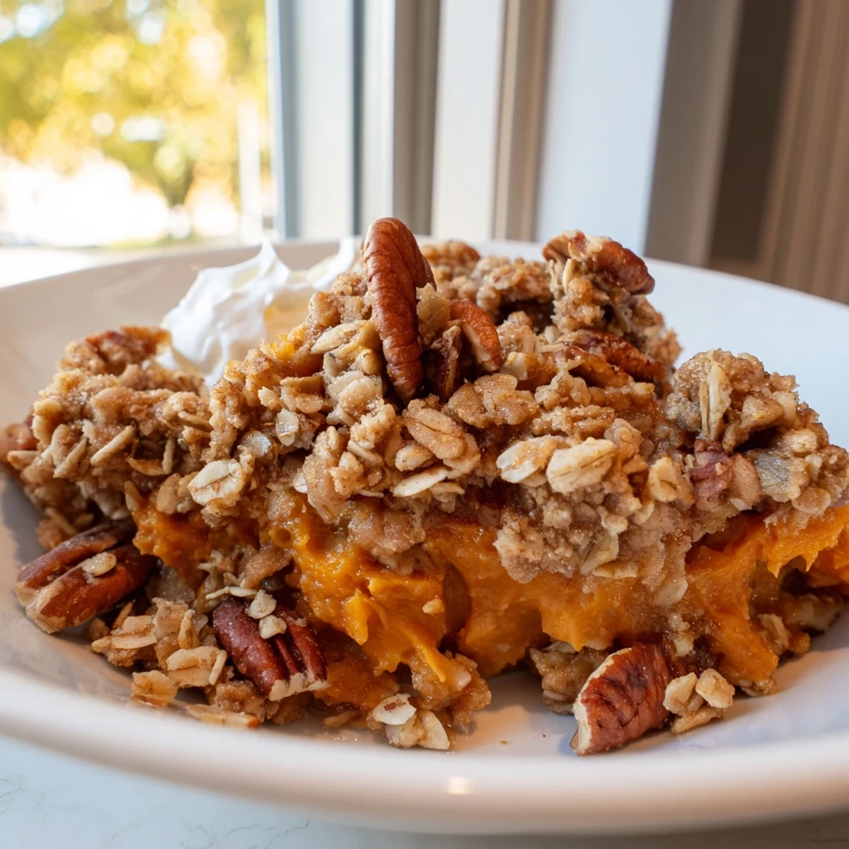 Spiced pumpkin pie crisp in a baking dish with crunchy pecan streusel