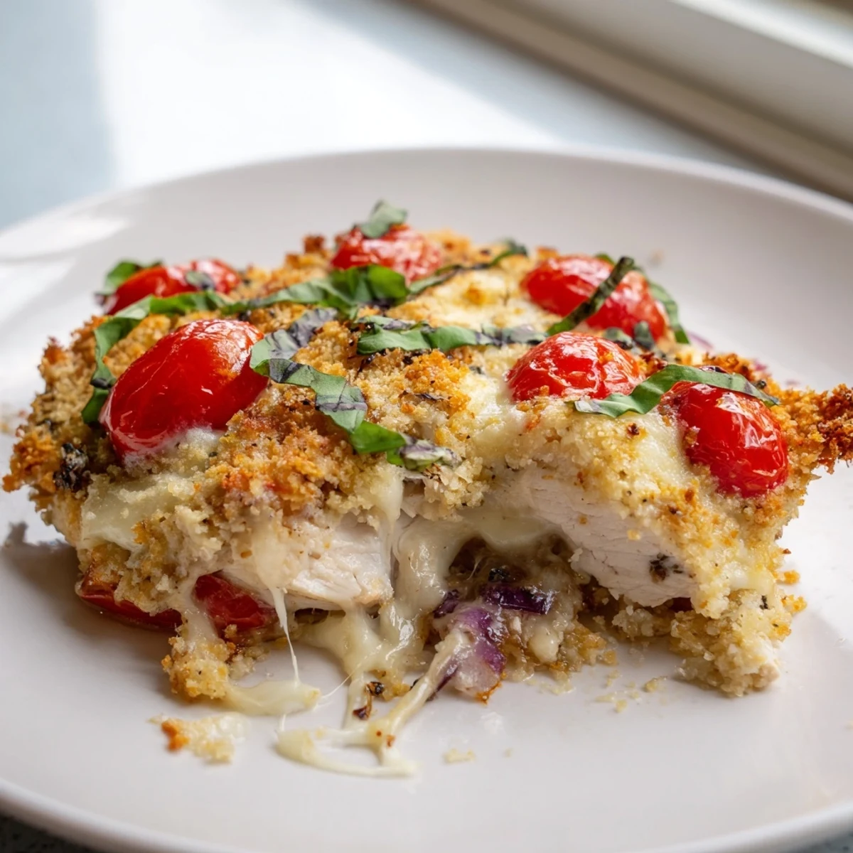 Golden chicken bruschetta casserole bubbling with melted mozzarella and fresh tomato topping