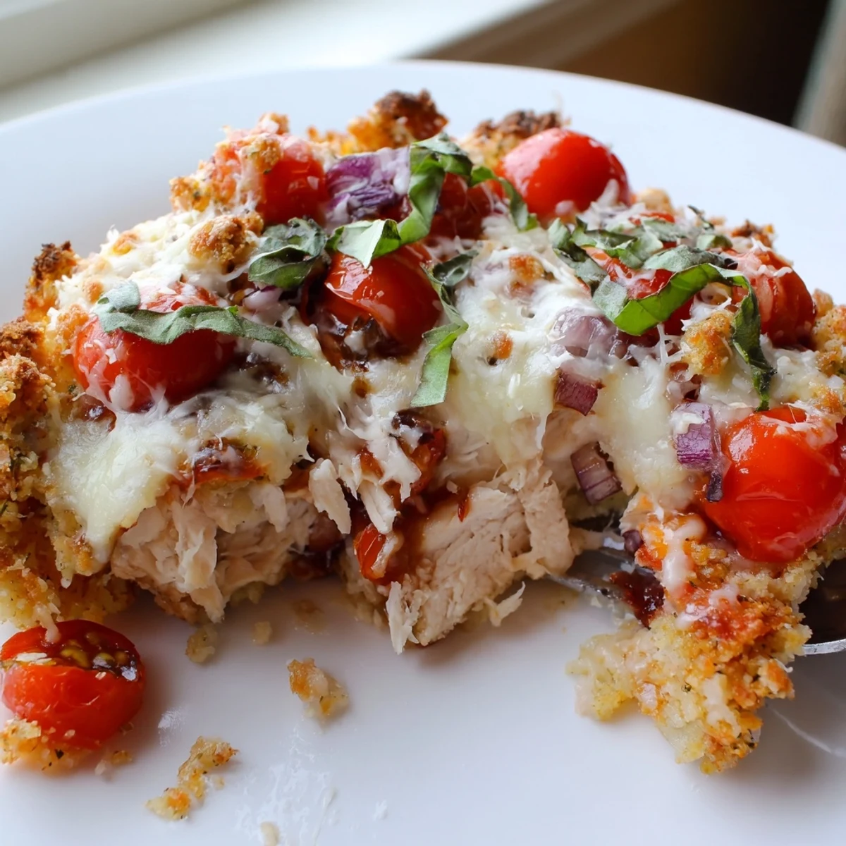 Juicy Italian seasoned chicken breasts topped with vibrant tomato basil bruschetta and crispy breadcrumb crust