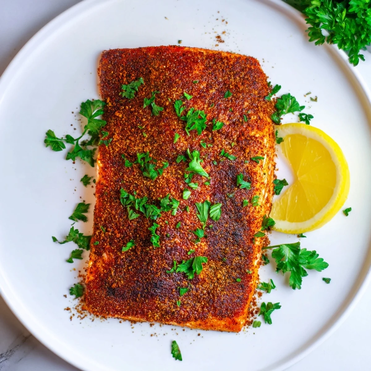 Golden oven baked Cajun salmon fillets coated in smoky spices on a parchment-lined sheet