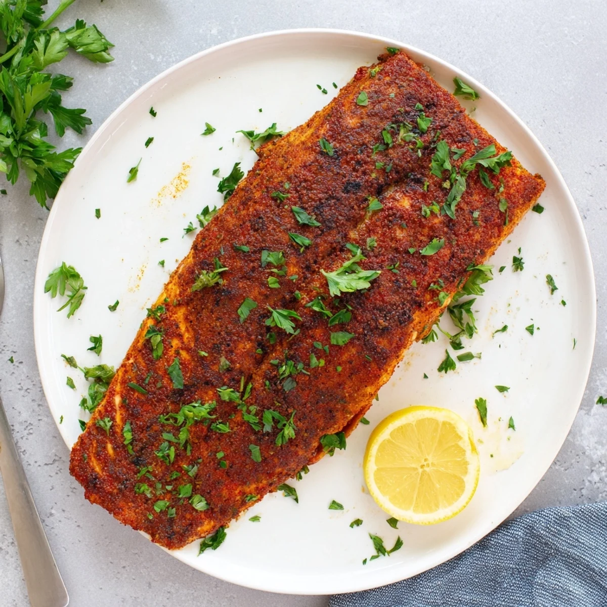 Oven baked Cajun salmon garnished with fresh parsley and bright lemon wedges