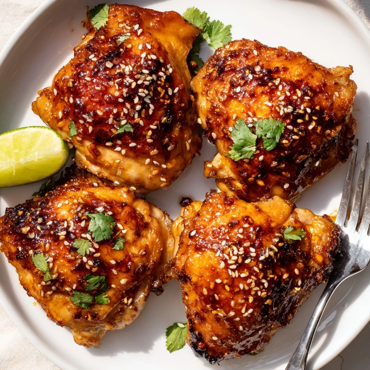 Golden crispy sweet chili air fryer chicken thighs glazed and garnished with sesame seeds