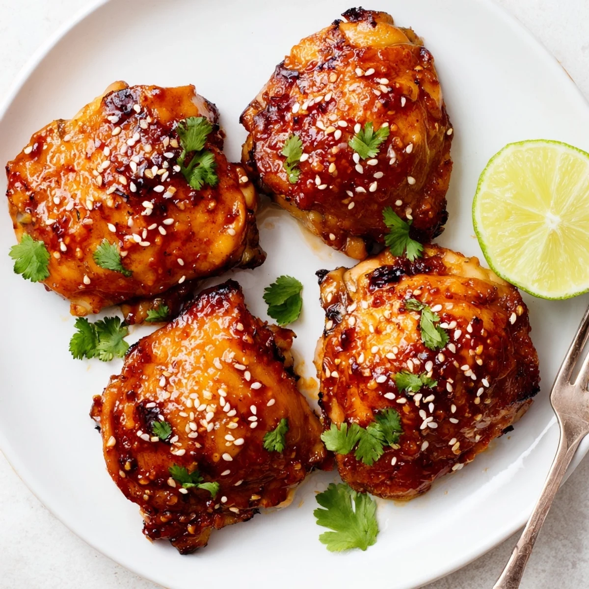 Juicy caramelized sweet chili air fryer chicken thighs with cilantro and a glossy red glaze