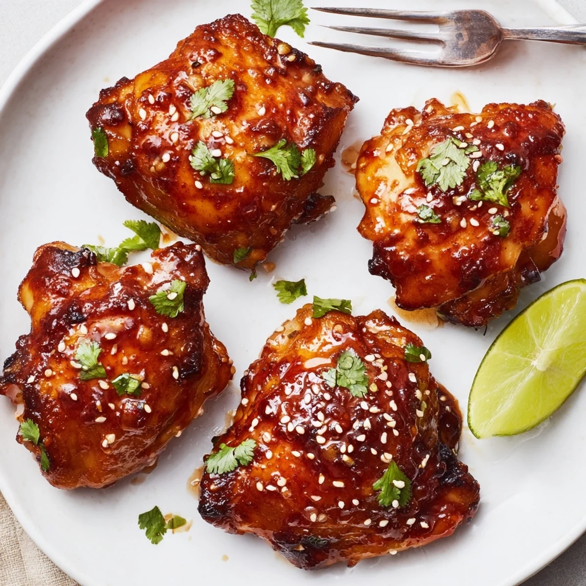 Sticky sweet chili air fryer chicken thighs on a plate with jasmine rice and lime wedges