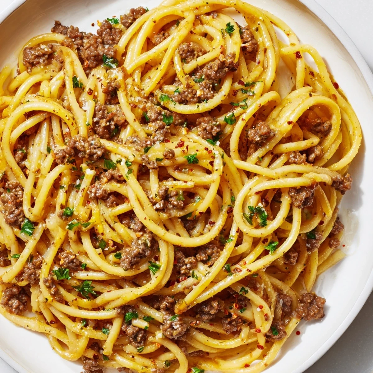 Garlic Butter Pasta With Ground Beef topped with fresh parsley and Parmesan cheese