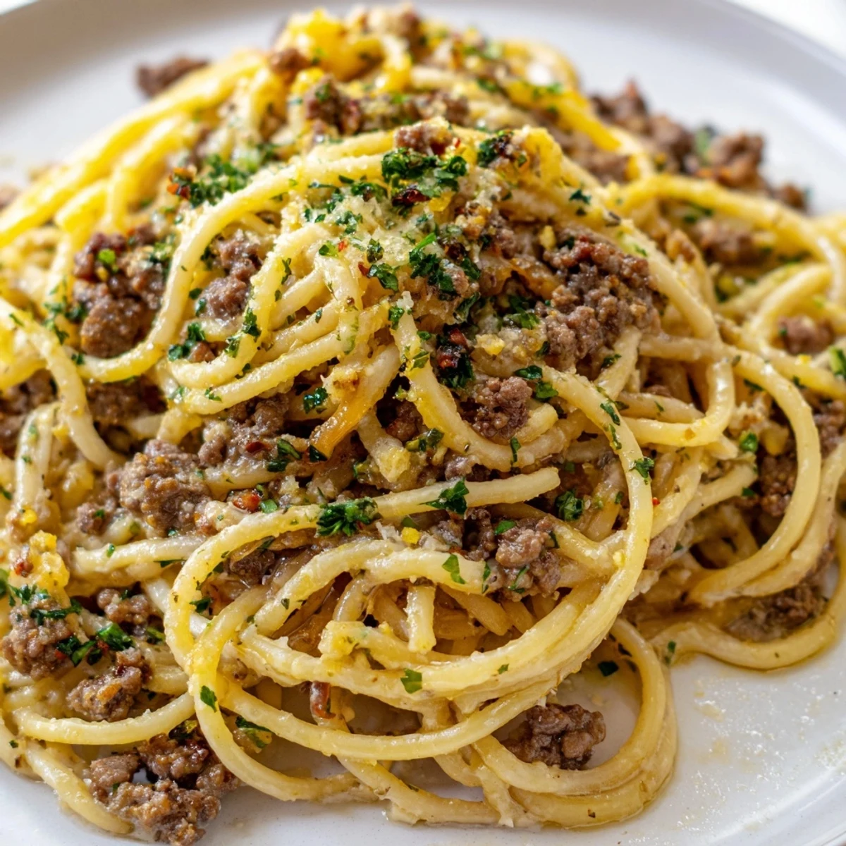 Steaming plate of Garlic Butter Pasta With Ground Beef coated in silky golden butter sauce