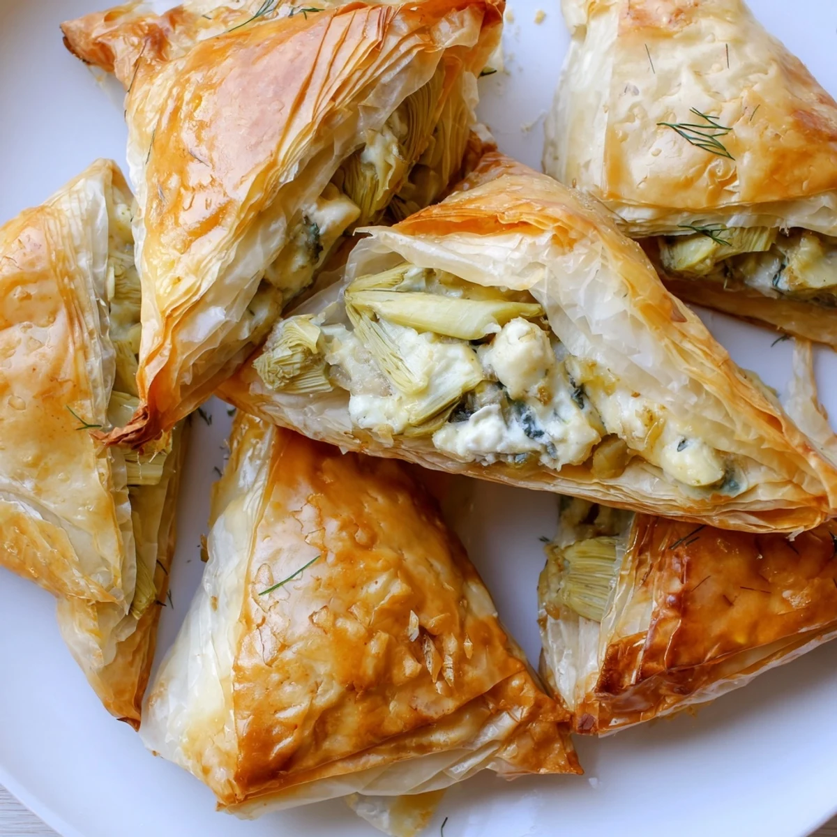 Golden Artichoke and Graviera Filo Puffs arranged on a rustic baking sheet