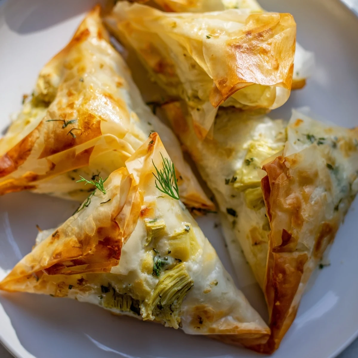 Artichoke and Graviera Filo Puffs with crispy golden crust beside tzatziki dip