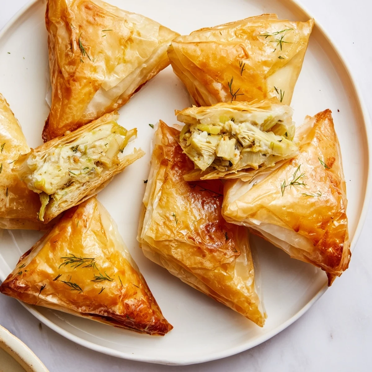 Flaky Artichoke and Graviera Filo Puffs served warm on a white platter