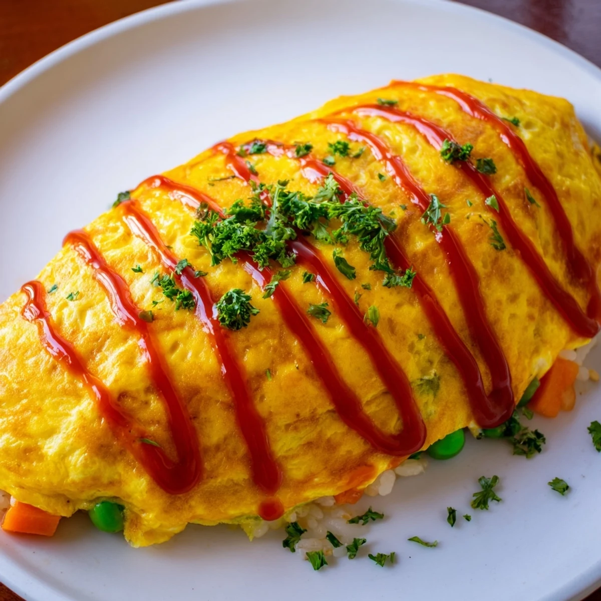 Golden omurice with a tender omelette wrapped around savory ketchup fried rice