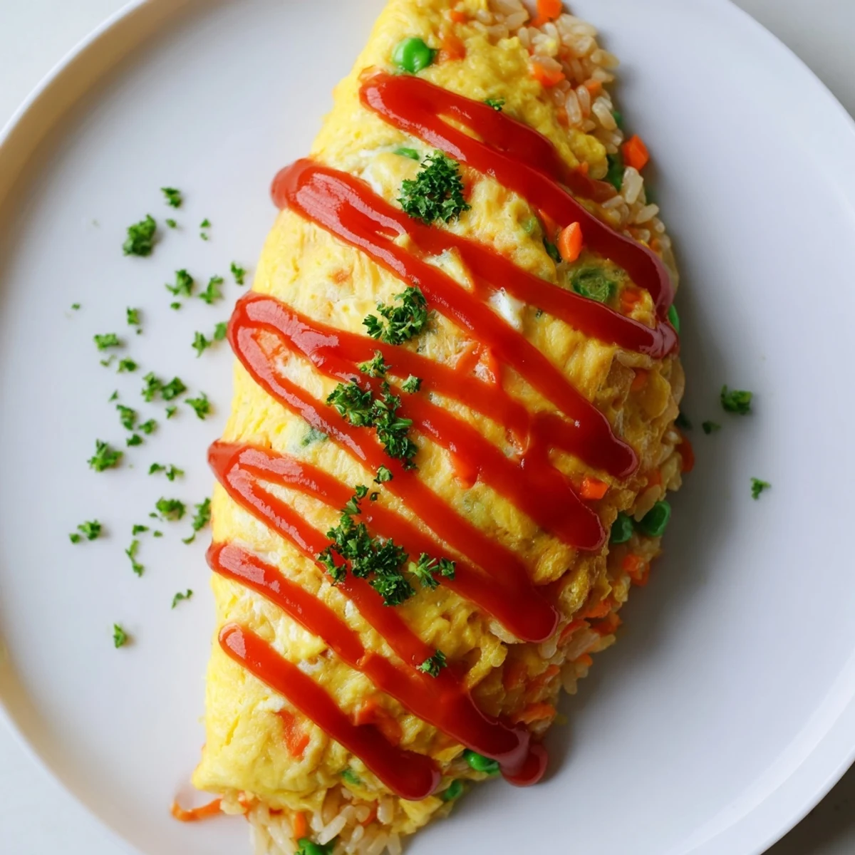 Creamy omurice omelette splitting open to reveal vibrant red stir-fried rice and peas