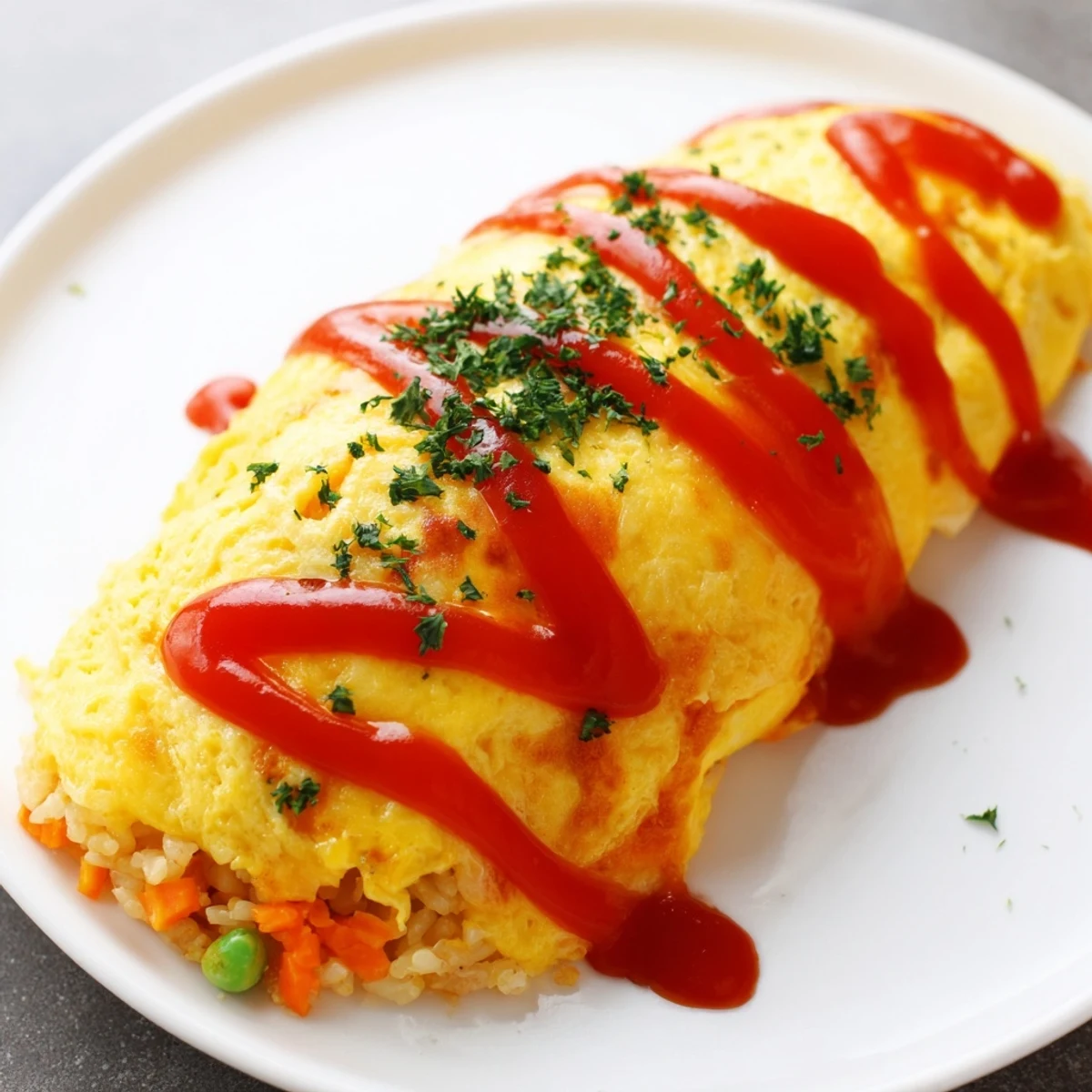 Fluffy Japanese omurice draped over seasoned chicken fried rice with fresh parsley garnish