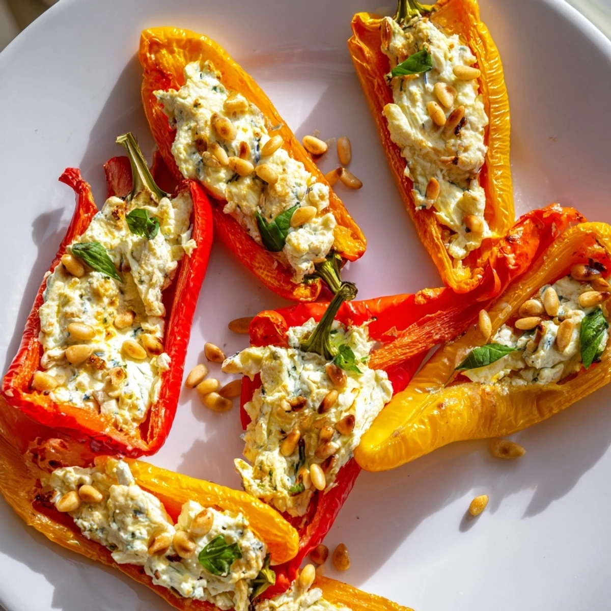 Golden roasted goat cheese stuffed mini peppers garnished with fresh herbs on a rustic platter